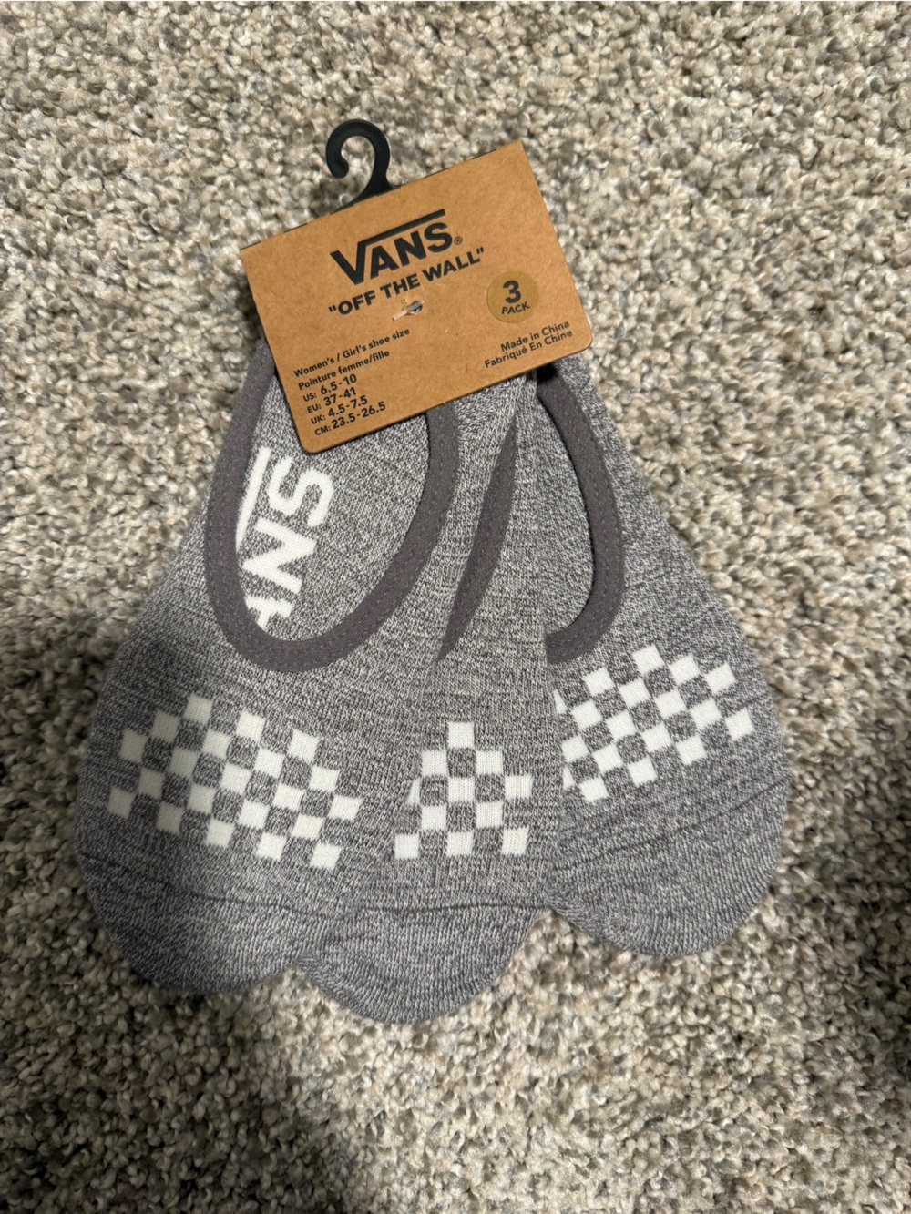 Vans Gray No-Show Sock 3-Pack with Checkerboard Detail